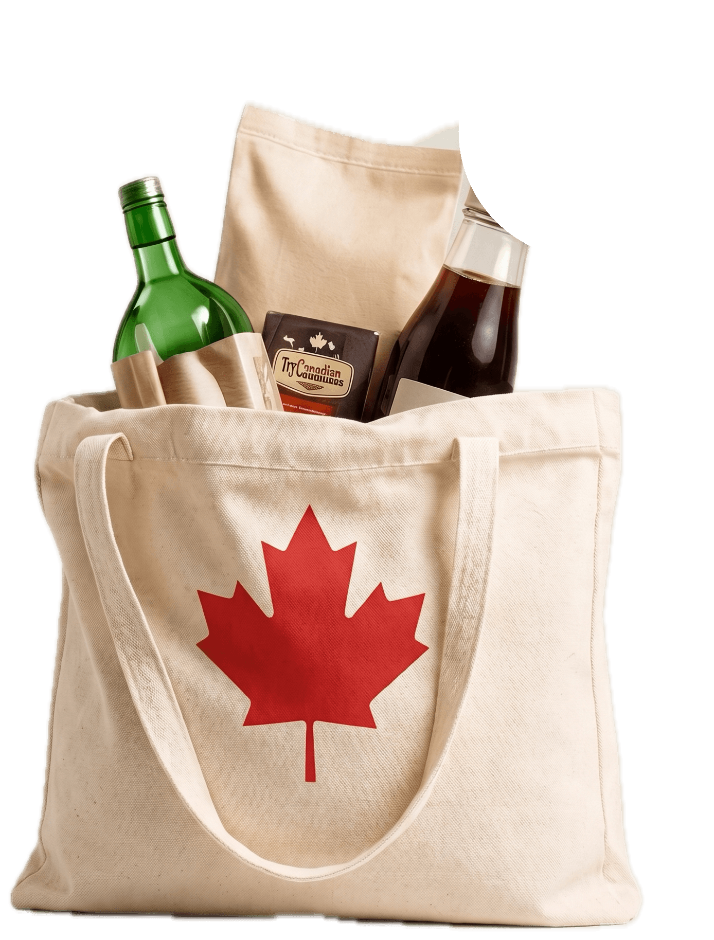 A canvas tote bag with a red maple leaf, packed with Canadian groceries